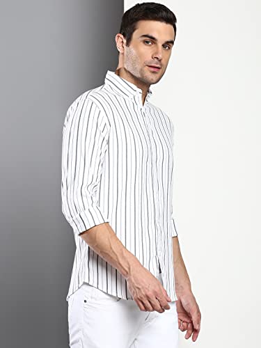 Image of Dennis Lingo Men's Striped Slim Fit Oxford Cotton Casual Shirt with Button Down Collar & Full Sleeves