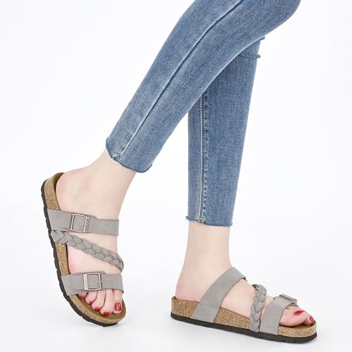Image of HARENCE Flat Sandals for Women 2026 Comfort Cork Footbed with Adjustable Buckle Summer Slides for Women for Vacation Walking