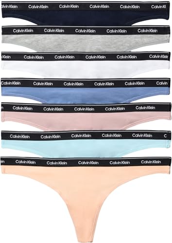 Image of Calvin Klein Women THONG 7 PK ORANGE (SHORELINE/GREY HEATHER/ANTARCTIC BL) M
