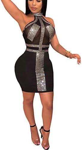 Mycherish Women's Halter Sleeveless Sparkling Glitter Sequin Bodycon Sheath See Through Mesh Mini Dress Skirts Black#2 S