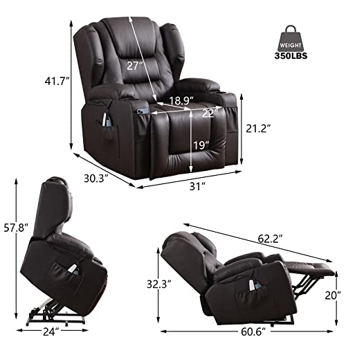 Vuyuyu Electric Power Lift Recliner Chair For Elderly, Faux Leather Wingback Recliner Chair With Massage And Heat, Spacious Seat/Cup Holders/Usb Ports/Side Pockets/Free Pillow (Pu Brown) #TOP1
