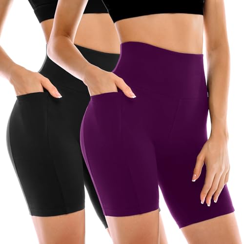 Leafigure 2 Pack Womens Biker Shorts with Pockets, High Waisted Tummy Control Yoga Shorts for Women Running Gym and Workout Black/Pulm Purple L-XL