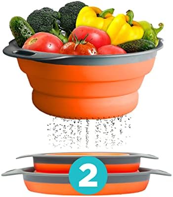 Comfify 2 pcs Colander Set, Collapsible Colanders, Sink Strainers for Kitchen, 2 & 3 qt / 8" & 9.5" Size, Orange