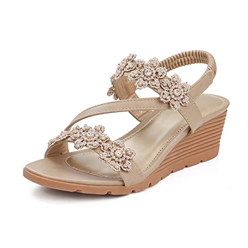 Shibever Wedge Sandals For Women Bohemia Elastic Ankle Strap Sandals Open Toe Flower Rhinestone Summer Platform Shoes Sandal Beige 7 #TOP18