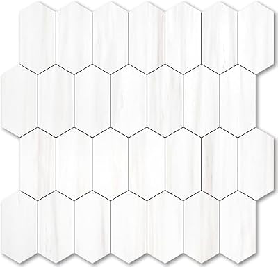Vamos Tile Long Hexagon Peel and Stick Backsplash Tile - 10 Sheets Stick on Backsplash for Kitchen and Bathroom 12.4 x 12 Inch Dolomite Marble Look PVC Self Adhesive Mosaic Wall Tiles