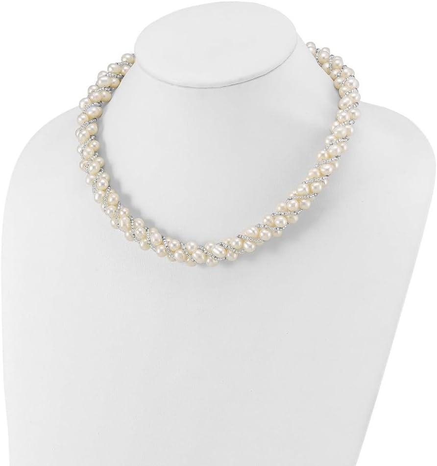 925 Sterling Silver Rhodium 6-7mm Glass Bead Twisted Freshwater Cultured Pearl Necklace 18"