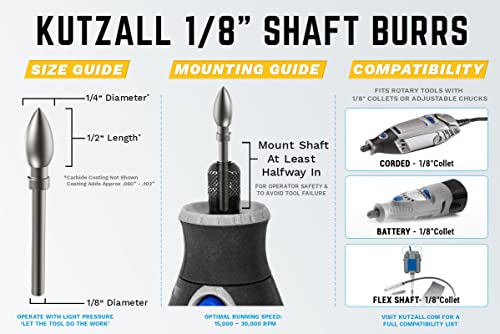 Kutzall 5-Piece Rotary Burr Kit, 1⁄8" Shaft, Variety Grit, Woodworking Attachment for Dremel Foredom, Ryobi, Milwaukee Tools - Image 3