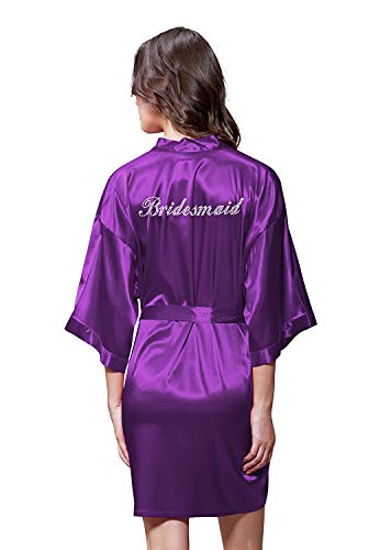 Satin Kimono Rhinestone Bridesmaid Robe (XX-Large, Purple)
