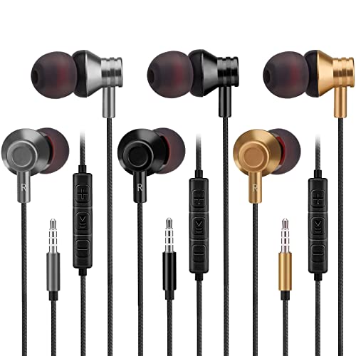 Earphones 3 Pack 3.5mm in-Ear Headphones Wired Earbuds with Microphone & Volume Control, Headset Stereo Sound Noise Tangle Free for Laptop, Chromebook, Android, iOS, Gaming, black, golden, gray