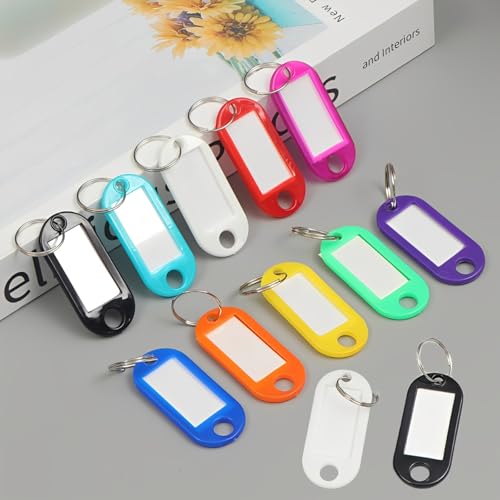 Pacote com 12 etiquetas coloridas de plástico com anel e janela de etiqueta, etiquetas de identificação de chaveiros duráveis para nomes, bolsas de bagagem, mochilas, 10 cores