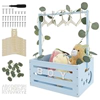 LuLobtg Baby Shower Crate Closet with Green Garland, 40x30x20cm Wooden Baby Clothes Rack with 10 Hangers Baby Storage Crate Hamper for Baby Shower Pregnancy New Parent Gifts(blue)
