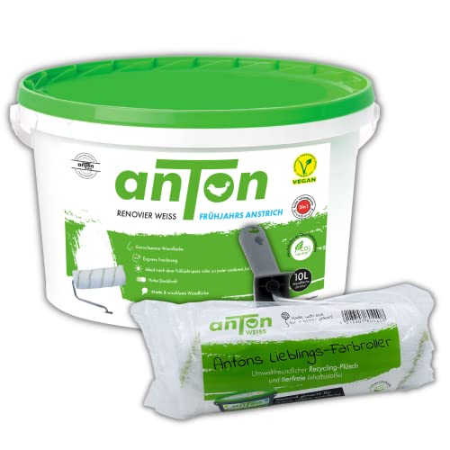 Anton Renovierweiß 10L | weiß | hohe Deckkraft | Expresstrocknung | für die perfekte Verteilung | für raue und glatte Untergründe | 50-60m² | natürlich vegan (10000ml)