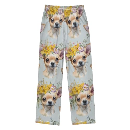 ZZXXB Chihuahua Flowers Boys Long Pants Soft Trousers Elastic Waist Kids Lounge Bottoms with Pockets S-XL2