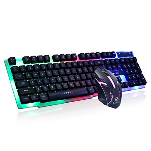 Gaming Tastatur Maus Einstellen, GT300 Tastatur Rainbow Backlit Wired Gaming Keyboard Mouse Combo, LED beleuchtet 104 Tasten USB Ergonomic Wrist Rest Keyboard, 1600 DPI Maus für PC Spieler (schwarz) Cover