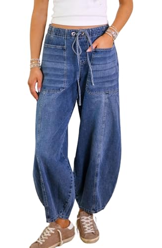 chouyatou Women Casual Barrel Jeans Elastic High Waisted Crop Wide Leg Jeans Boyfriend Harem Denim Pants