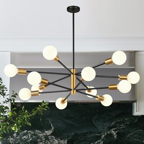 11"-52" Height Adjustable Modern Chandelier Ceiling Light Fixture, 12-Light Sputnik Chandeliers Brushed Gold and Matte Black Mid Century Chandelier Over Table, Chandeliers for Dining Room Living Room by MQMQA - Used condition - US$53.45