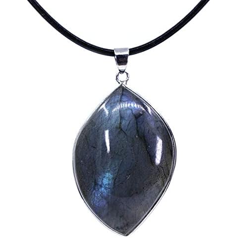 CHENYUE Natural Labradorite Gemstones Leaf Shape Fashion Pendant Genuine Leather Necklace 18 Inch Cover