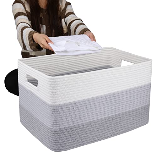 Oiahomy Cotton Rope Basket 71L - Blanket Basket Living Room,Kids Woven Basket With Handle, Nursery Storage Basket,Baby And Doy Toy Baskets Bin, Gradient Grey #TOP23