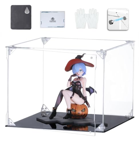 COOLTAKU フィギュアケース UVカット アクリル マグネット式 磁石付き前扉 積み重ね強化 コレクションケース より堅固 組み立て式 アクリルケース ディスプレイケース 防汚れ 手袋 クリーニング クロス付き フィギュア収納 内寸 (幅25×奥行25×高さ20cm, 台座黒)の商品画像（Amazon）