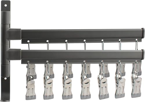 【アルミ製】壁掛け式 折りたたみ 物干しラック 多機能伸縮式 グレー 靴下ハンガー 洗濯物干しピンチハンガー 省スペース収納 防水 室内・ベランダ用 便利ハンガーラック 洗面所 浴室 バルコニー収納