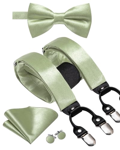 Image of Dubulle Suspender and Bow Tie for Men Paisley Solid Mens Suit Braces Pretied Bowtie and Handkerchief Cufflinks Formal Wedding