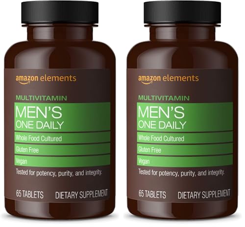 Image of Amazon Elements Men's One Daily Multivitamin, 62% Whole Food Cultured, Vegan, 21 Vitamins and Minerals, 65 Tablets, 2 Month Supply (Packaging May Vary) (Pack of 2)