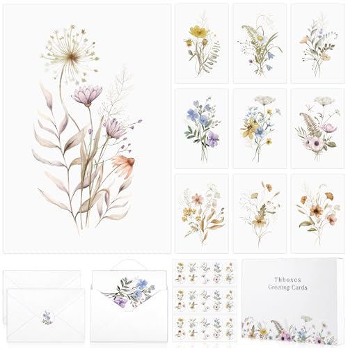 Thboxes Blank Cards and Envelopes, 40 Pack Blank Note Cards 4x6 in Elegant Floral Greeting Card with Sealing Stickers, Note Card and Envelopes Stationary Set for All Occasions (10 Floral Designs)