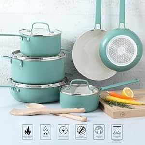 Martha Stewart Emmeline Premium Nonstick PFA Free Ceramic Interior 12 Piece Heavy Gauge Enamel Aluminum Pots and Pans Cookware Set Teal