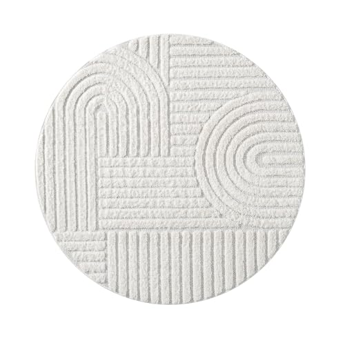 carpet city Teppich Wohnzimmer Hochflor Creme - 120 cm Rund - Hochtief-Muster, 3D-Effekt Geometrisch - Bettvorleger Schlafzimmer Teppiche Boho, Skandi