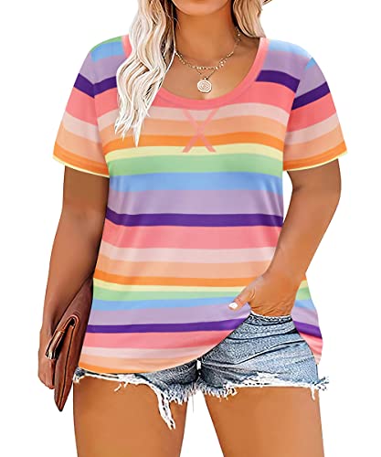 Image of CARCOS Plus Size Tops for Women Short Sleeve Shirt Summer Star /Leopard /Tie Dye /Flower Crewneck Pullover Tunic XL-5XL