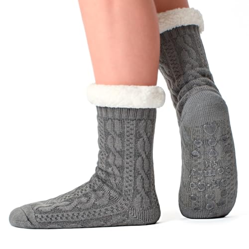 Women's Knit Slipper Socks with Non-slip Grippers, Warm Fuzzy Fluffy Sherpa Lined, Cozy Christmas Gifts2