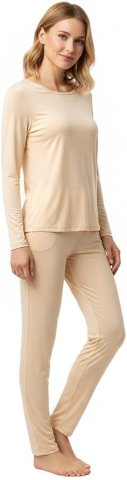 Women's 95% Modal Thermal Underwear Set, Slim Lightweight Base Layer Top and Pants for Spring Winter Daily Layering (Beige,2,XX-Small)