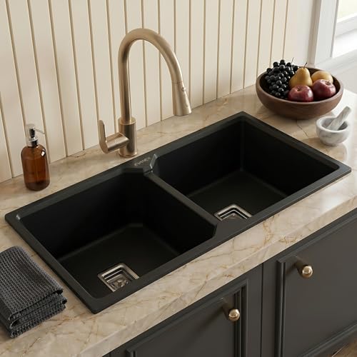 Image of EVANEX Quartz Sink for Kitchen | Double Bowl | Topmount /Undermount Kitchen Sinks | Black Double Sink with Connector, Waste Pipe, Coupling and Drain Basket | 37x18x9 Granite Kitchen Sinks