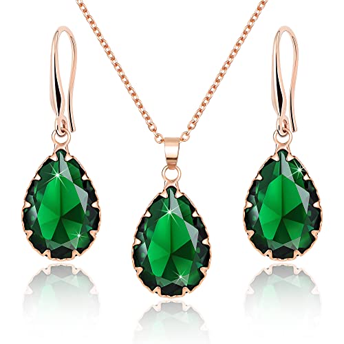 Linawe Conjunto de joyas de color verde esmeralda para mujer, collar de cadena con colgante de esmeralda, pendientes colgantes de oro rosa, joyería de moda, joyería nupcial