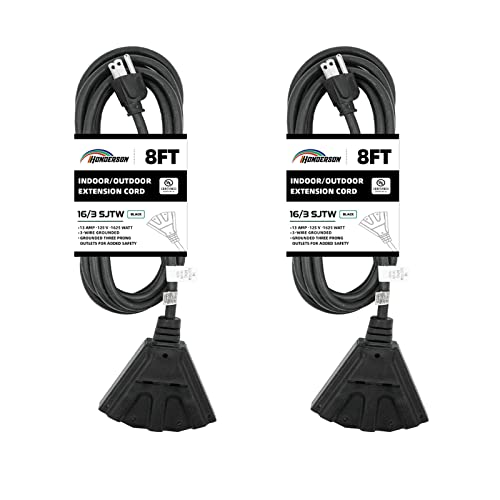 Honderson 2 Pack 8 Ft Outdoor Extension Cord With 3 Electrical Power Outlets - 16/3 Sjtw Durable Black Cable With 3 Prong Grounded Plug For Safety,Ul Listed #TOP10