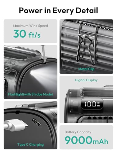 Image of Aecooly Wide-Airflow Portable Waist Fan, 30ft /s Powerful Airflow, 5 Speeds Clip On Belt Shirt Fan with Flashlight, Hands-Free Up to 18H Cooling for Outdoor, Hiking, Jobsite, Farms, Gift for Men-Black