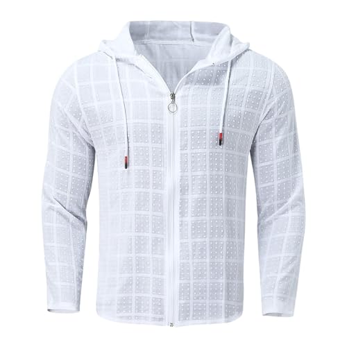 Mens Slim Fit Long Sleeve Hoodie Lightweight Full Zip Drawstring Hooded Plaid Cardigan Tops Casual Beach T Shirts3