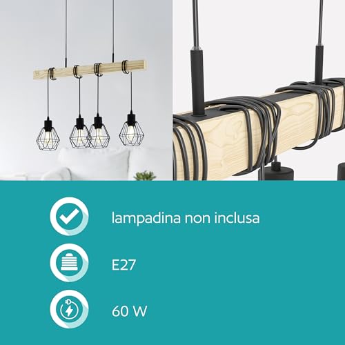 Eglo Lampada A Sospensione Townshend, Lunghezza 70 Cm, Nero/Quercia, A 4 Luci. - 5