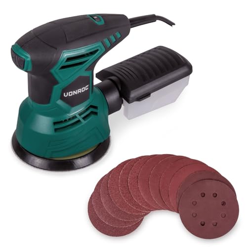 VONROC Ponceuse Orbitale 300W – Ø 125mm - Double Action, Mouvements Excentriques - Boîte à Poussière et 12 Feuilles Abrasives - Idéal pour Poncage Grossier, Surfaces Rondes et Courbes - Long Câble 3M
