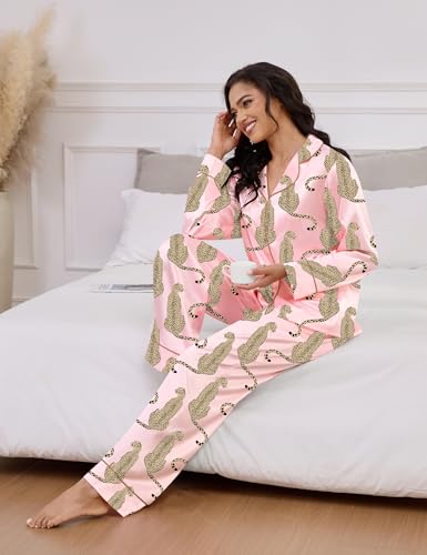 Image of SHESHOW Satin Pajamas Set for Women Set Long Sleeve Button Down Pjs Sets 2 Piece Loungewear Animal Sleepwear XS-XXL