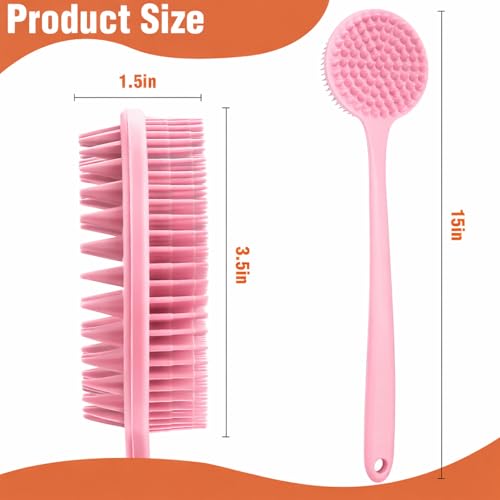 Image of Silicone Body Scrubber for Shower Men Women - Dual-Sided Exfoliating & Massage Shower Brush with Long Handle, Creates Rich Lather, Includes 1 Hook & 2 Lather Balls (Pink).