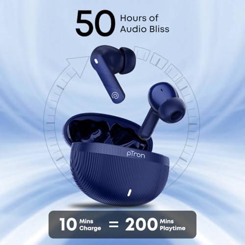 Image of pTron Bassbuds Fury in-Ear TWS Earbuds with 13mm Drivers, 50Hrs Playtime, AI-ENC Clear Calls, Bluetooth V5.4 Wireless Headphones, Voice Assistant, Type C Charging & IPX5 Water Resistant (Royal)