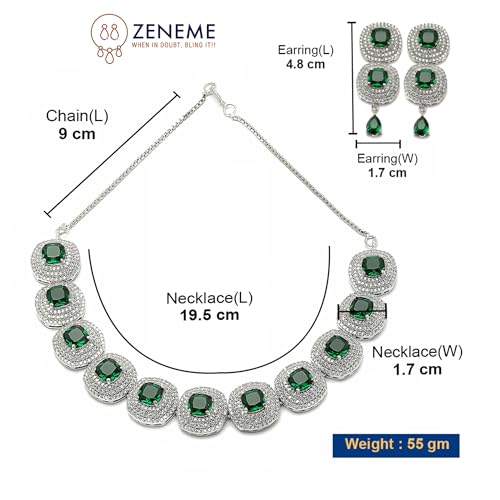 Image of ZENEME Rhodium Plated Silver Toned Triangular Shaped American Diamond Studded Jewellery Set For Women and Girl