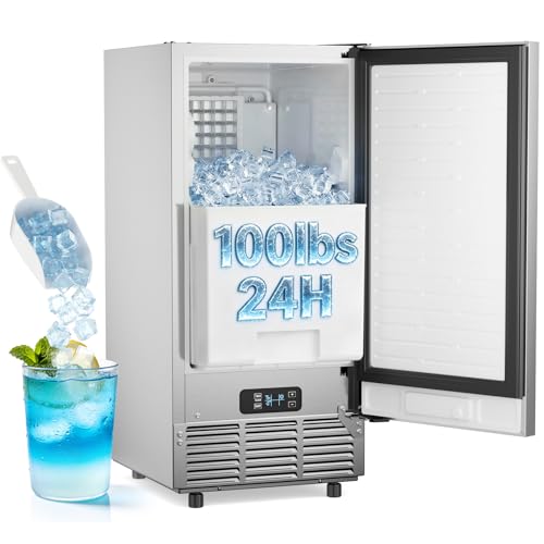 ETL Approval Commercial Under Counter Ice Maker 100 Lbs/Day with 30 LBS Storage Bin, Freestanding Built-in Ice Maker, 15' W Undercounter Ice Machine with Self Cleaning for Home/Bar/Cafe/Restaurant