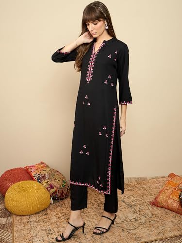 Image of INDO ERA Women's Cotton Straight Fit Floral Embroidered Kurta (KT0GN9776)