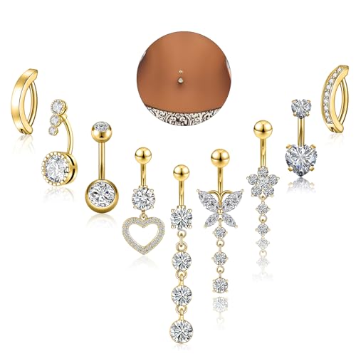 9PCS Belly Button Ring Dangle Stainless Steel Belly Rings 14G 1.6MM Belly Piercing Cute Navel Ring Piercing Jewelry Belly Ring for Women