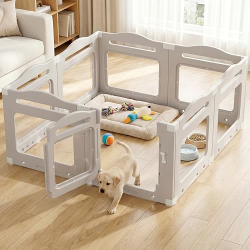 MAMIZO Enclos pour chiot en acrylique - 129 × 129 × 60 cm - Pliable - Avec ventouse - Clapier transparent pour chien - Avec plaque épaissie - Caisse à lancer pour chiots - 8 pièces - Gris chaud