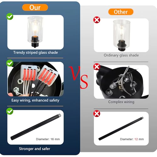 SHIGUANG Black Chandelier, 3 Light Chandeliers for Dining Room Light Fixtures Over Table, Industrial Hanging Pendant Lighting with Glass Shade for Kitchen Island Farmhouse Entryway