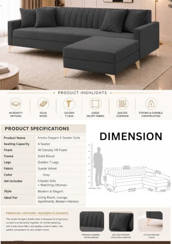 Image of AMATA Falcon ele 4 Seater Fabric Suede Velvet Grey Colour Sofa Set with Four Cushions Perfect for Home Office Guests Living Room (Falcon Grey 01, Falcon 4 Seater l Shape)(3 Year warraty)