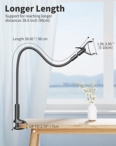 Saiji Gooseneck Phone Holder For Bed Overall Length 38.6” Flexible Leather Wrapped Arm Overhead Cell Phone Mount Stand With 360° Adjustable Clamp Clip, Compatible With All 4-7” Cellphones (Black) #TOP1